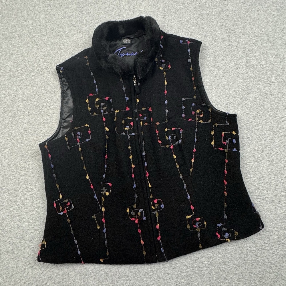 Tsunami Wool Blend Artsy Vest Womens Large Faux Fur Collar Full Zip Lined Boho‎